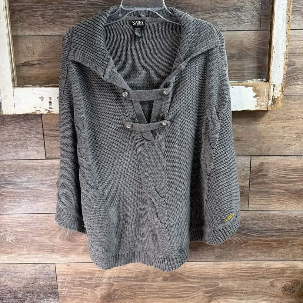 Kathy Van Zeeland Gray Cable Knit Sweater Cape Poncho One Size Cozy Fall Winters